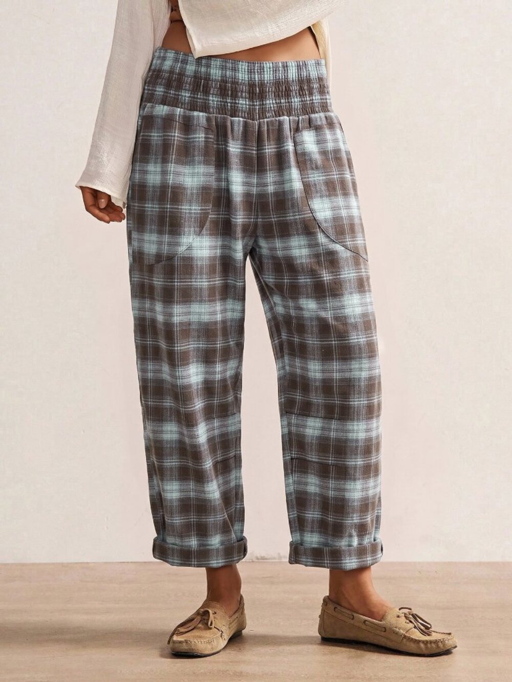 Blue Casual Women's Woven Plaid Long Pants
